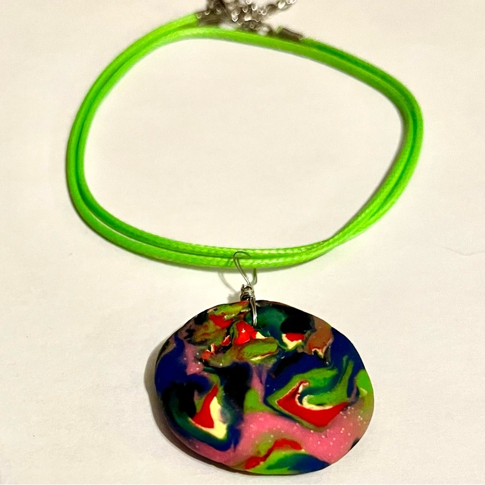 Green Pink Blue Red Handmade Large Necklace Unique One of a Kind